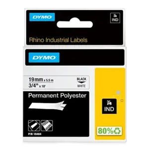 Dymo RhinoPro 18484 Fita Poliester 19mm Preto/Branco Resistência Industrial