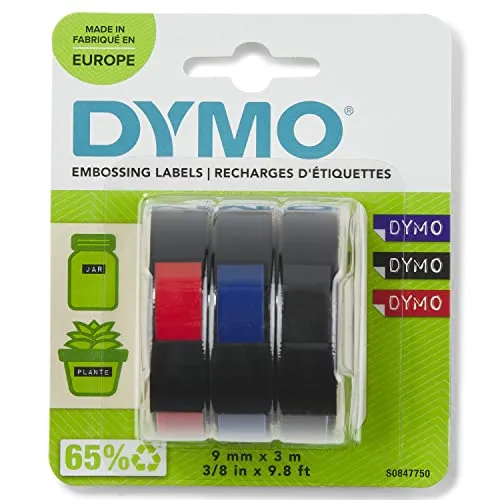 Dymo 3×1 3D Prägband Etiquetas em plástico resistente Vermelho Azul Preto