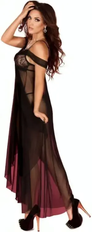 Chilirose Camisa de Noite Revelação Preta Micro-Mesh Vermelha