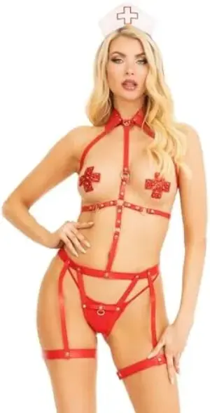 Leg Avenue Arnês e Faixa de Cabeça Enfermeira Vermelho S