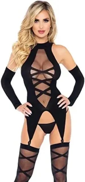 Leg Avenue Conjunto 3 Peças Corpo Meias Mangas Opaco Transparente Tamanho Único