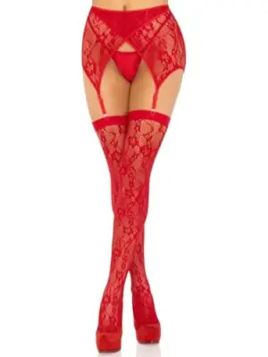Leg Avenue Coxas de Renda e Cinto de Ligas Vermelho