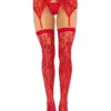 Leg Avenue Coxas de Renda e Cinto de Ligas Vermelho