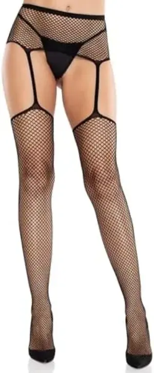 Leg Avenue Meias de Renda com Cruz e Cinto-Liga Preto Unico