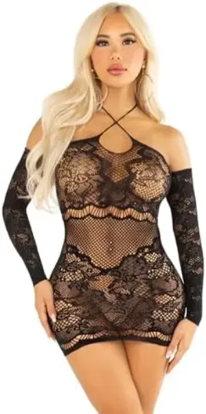 Leg Avenue Mini Vestido de Renda Preto Único