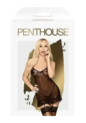 Penthouse Camisa de Noite e Tanga Guilty Sexy Preto S/M Decote V com Volantes