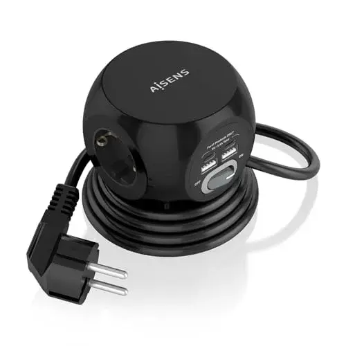 Aisens ASPS-2A2C05-BK Extensão elétrica com 3 tomadas e USB-C/USB-A 1.4m