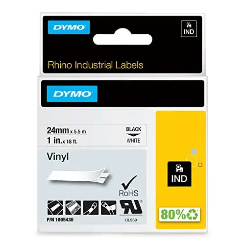 Dymo Rhino 24mmx5,5m Fita de Impressão Vinil Branco/Preto Resistência