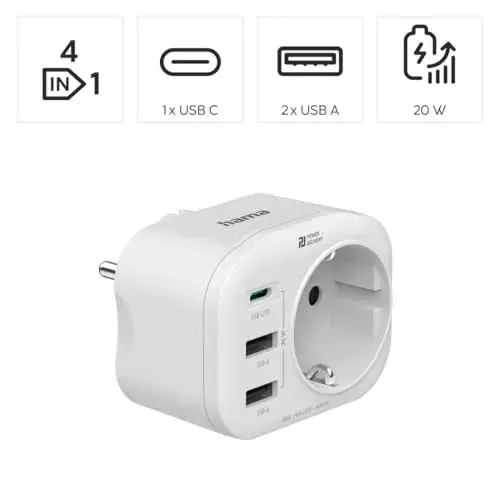 Hama Adaptador de Tomada 2x USB-A 1x USB-C Power Delivery