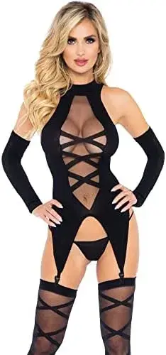 Leg Avenue Conjunto 3 Peças Corpo Meias Mangas Opaco Transparente Tamanho Único