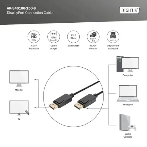 Digitus AK-340100-150-S Cabo Displayport Ultra HD 4K 15MT M/M