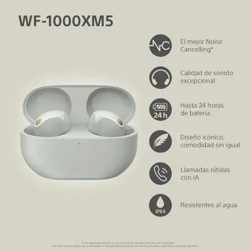 Sony WF-1000XM5 Auriculares Sem Fios com Cancelamento de Ruído Prateados