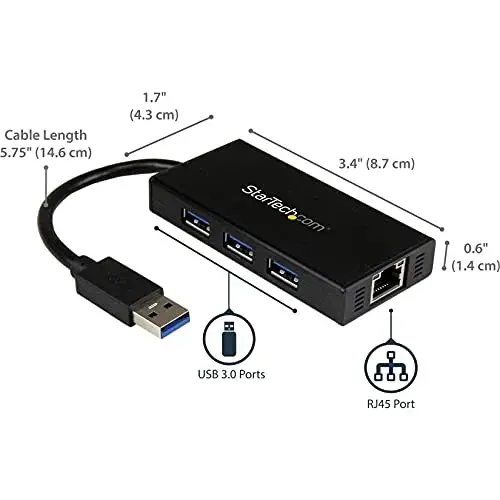 Startech Hub USB 3.0 Aluminio com Cabo 3 Portas e Ethernet