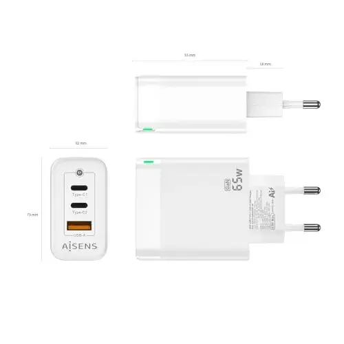 Aisens ASCH-65W3P007-W Carregador GaN 65W USB-C/USB-A Branco